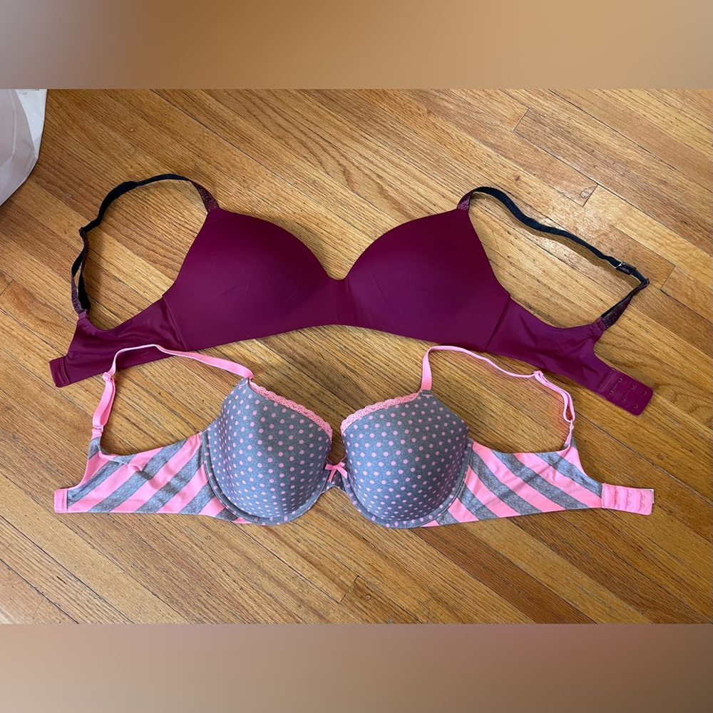 Victoria’s Secret Maroon Pink and Gray Polka Dot Bra Set 36D
